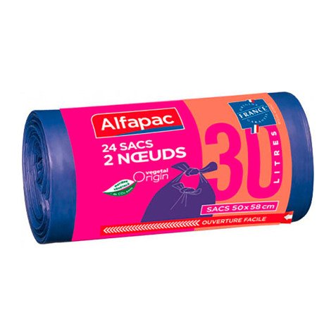 Sac poubelle 30 litres avec anses à nouer Alfapac violet - 48 sacs
