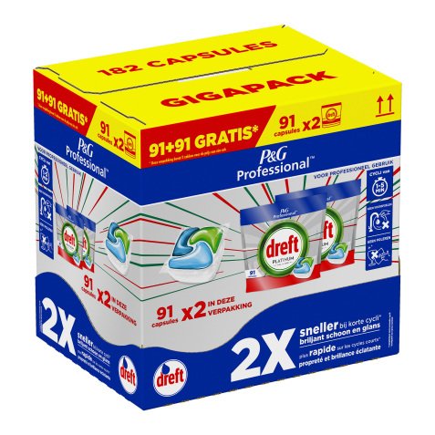 Pack tablettes vaisselle Dreft Platinum All in 1: 91 tablettes + 91 tablettes offertes