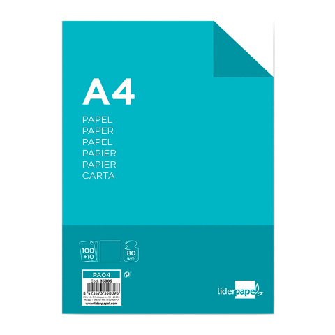Papel liderpapel A4 8o g liso - Paquete de 100 hojas + 10 hojas gratis