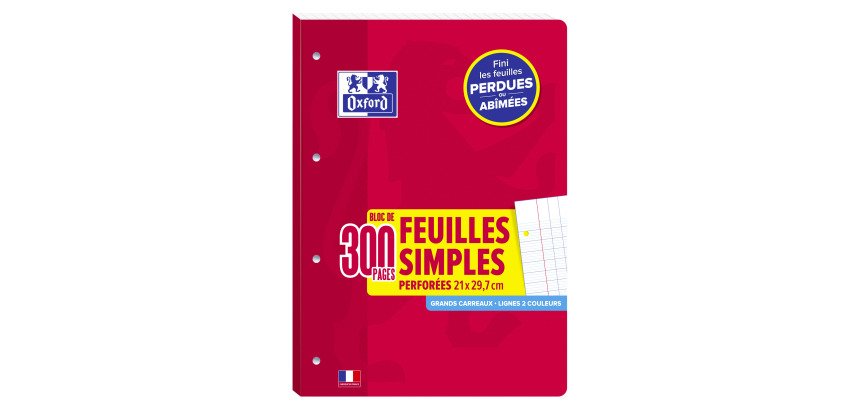 Feuilles simples détachables 300 pages séyès format A4 21 x 29,7 cm Oxford - perforées
