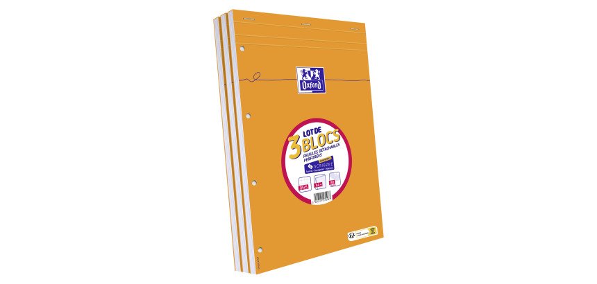 Lot de 3 blocs de bureau orange Oxford 21 x 31,5 cm perforés 4 trous - 5 x 5 - 160 pages