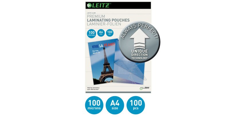 Boîte 100 pochettes de plastification A4 2 x 100 µ brillantes Leitz iLam
