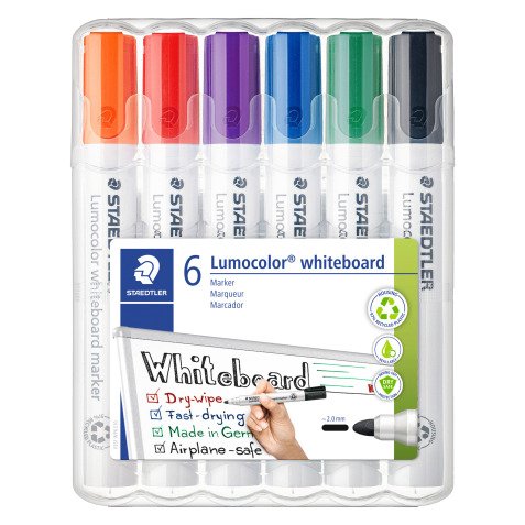 Marqueur effaçable rechargeable couleurs standards Staedtler Lumocolor pointe ogive 2 mm - Pochette de 6