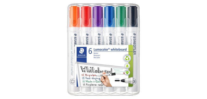 Marqueur effaçable rechargeable couleurs standards Staedtler Lumocolor 351 pointe ogive 2 mm - Pochette de 6
