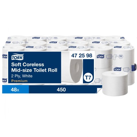Papier toilette double épaisseur Tork T7 Mid-size doux sans mandrin - 48 rouleaux de 450 feuilles
