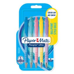 Stylo bille Paper Mate Flexgrip Ultra corps pastel rétractable pointe moyenne 1 mm  encre bleue - Blister de 5
