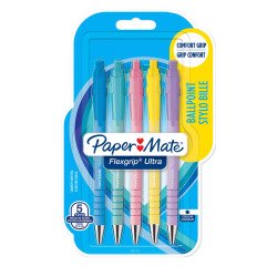 Balpen Papermate Flexgrip Ultra inklikbaar gemiddelde punt 1 mm pastel blauwe inkt - blister van 5