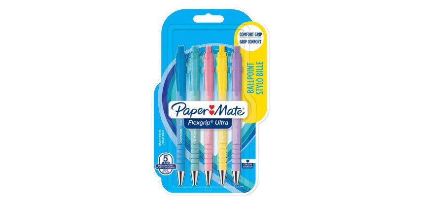 Balpen Papermate Flexgrip Ultra inklikbaar gemiddelde punt 1 mm pastel blauwe inkt - blister van 5