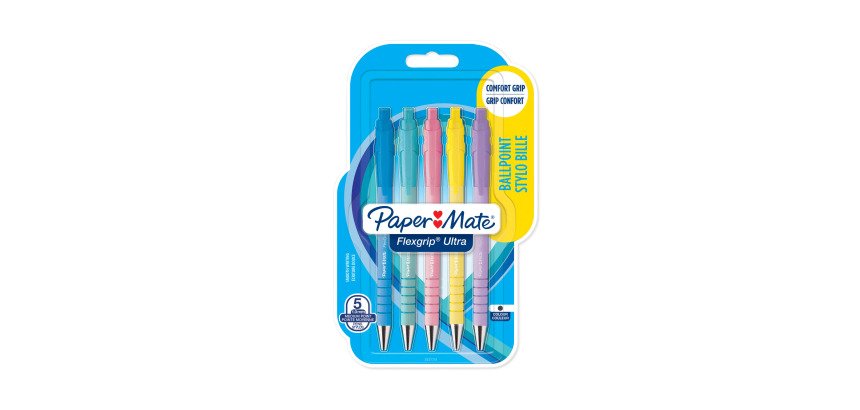 Stylo bille Papermate Flexgrip Ultra corps pastel rétractable pointe moyenne 1 mm  encre noire - Blister de 5