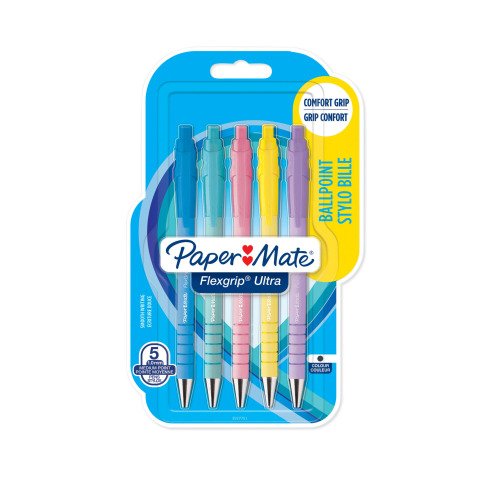 Stylo bille Papermate Flexgrip Ultra corps pastel rétractable pointe moyenne 1 mm  encre noire - Blister de 5