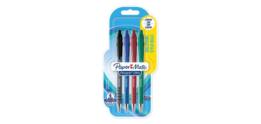 Stylo bille Papermate Flexgrip Ultra rétractable pointe moyenne 1mm - Blister de 4 couleurs assorties