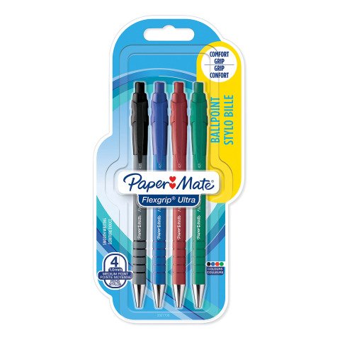 Bolígrafo Paper Mate Flexgrip Ultra retráctil punta media 1mm - Blister de 4 colores surtidos