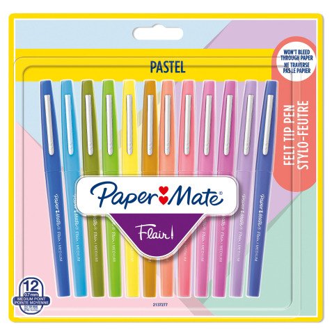 Stylo feutre Paper Mate Flair pastel écriture moyenne - Blister de 12