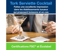 Serviette Cocktail Tork ouate 2 plis 24 x 24 cm, blanche - Paquet de 200