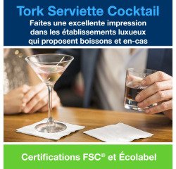 Serviette Cocktail Tork ouate 2 plis 24 x 24 cm, blanche - Paquet de 200