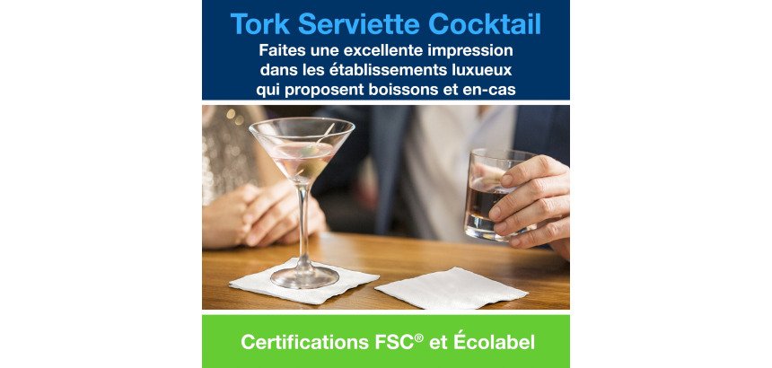 Serviette Cocktail Tork ouate 2 plis 24 x 24 cm, blanche - Paquet de 200