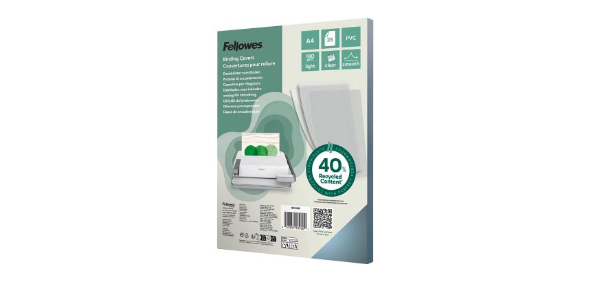 Couverture de reliure A4 FELLOWES PVC 18/100 transparente incolore - sachet de 25