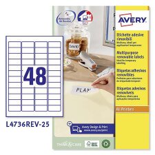 Etichette adesive Avery in carta bianca 45,7 x 21,2mm, 48 etichette per foglio, adesivo rimovibile, laser e inkjet, 25 fogli