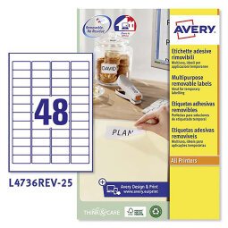 Etichette adesive Avery in carta bianca 45,7 x 21,2mm, 48 etichette per foglio, adesivo rimovibile, laser e inkjet, 25 fogli