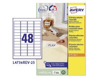 Etichette adesive Avery in carta bianca 45,7 x 21,2mm, 48 etichette per foglio, adesivo rimovibile, laser e inkjet, 25 fogli