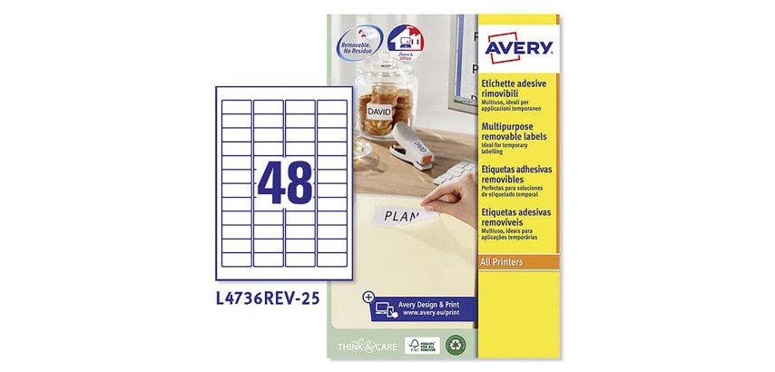 Etichette adesive Avery in carta bianca 45,7 x 21,2mm, 48 etichette per foglio, adesivo rimovibile, laser e inkjet, 25 fogli