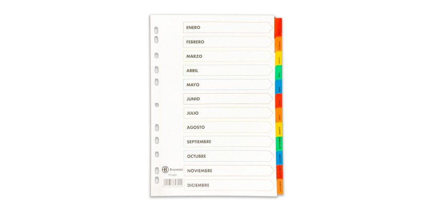 Separadores mensuales A4 cartulina bristol blanca Bruneau 12 pestañas multicolor