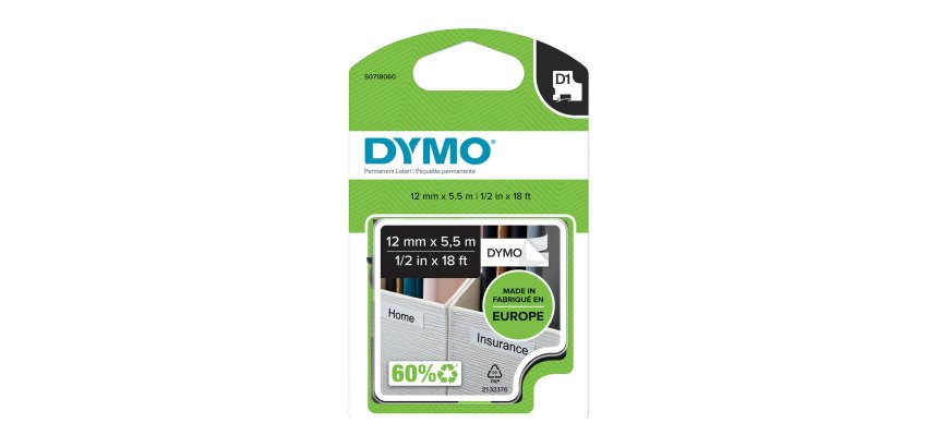 Ruban polyester Dymo D1 12 mm S0718060 écriture noire fond blanc