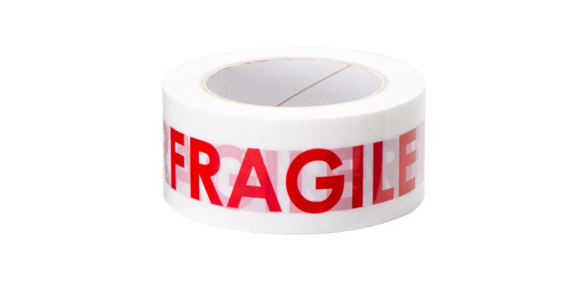 Packaging adhesive tape white printed "Fragile" Polypropylene , 45 µ, 50 mm x 66 m