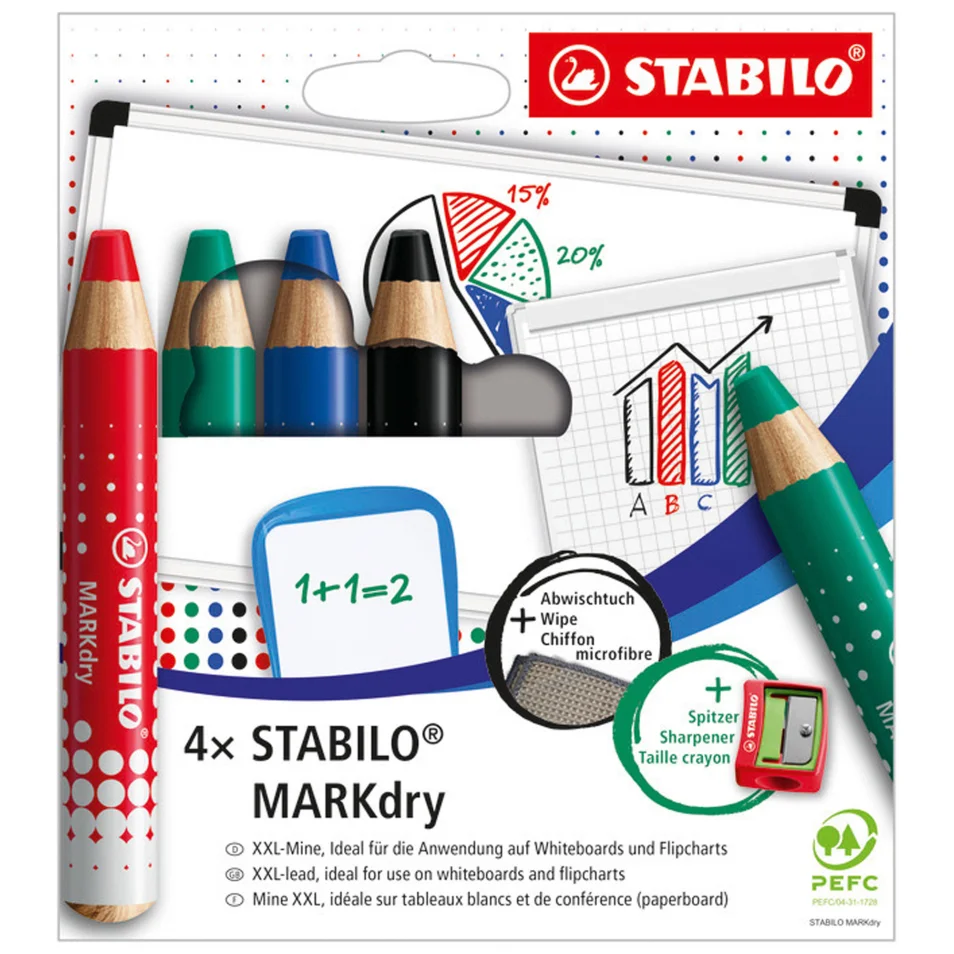 Crayon marqueur effaçable à sec STABILO MARKdry - Etui de 4 sur