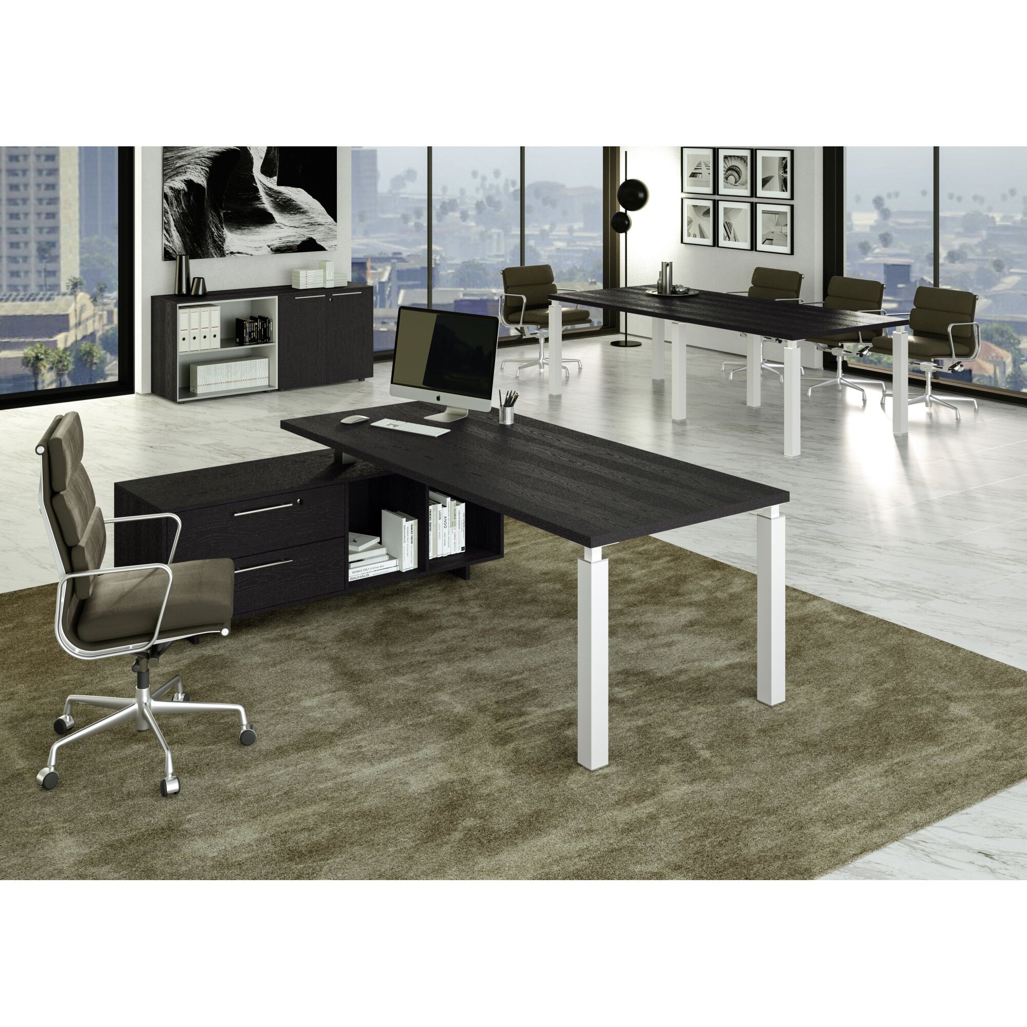 Scrivania managerale Florida l 225 x p 90 x h 74 cm piano nero venato con gambe metal bianco lucido a sezione quadrata