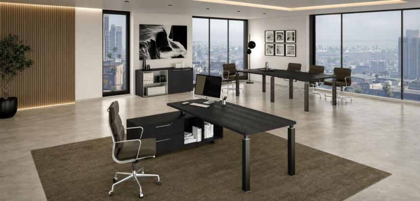 Florida managerial desk, 90 x 74 cm high, with reversible supporting service unit with 4 square-section steel legs