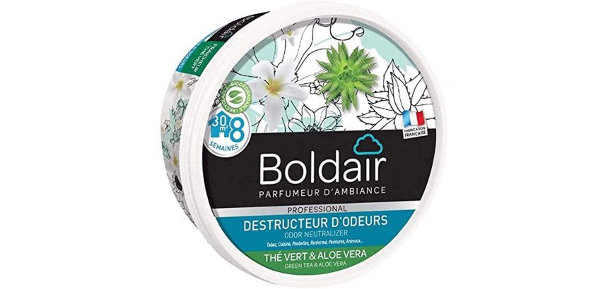Pack 2 pots de désodorisant gel Boldair destructeur d'odeurs Thé vert et aloé véra 300 g + 1 OFFERT