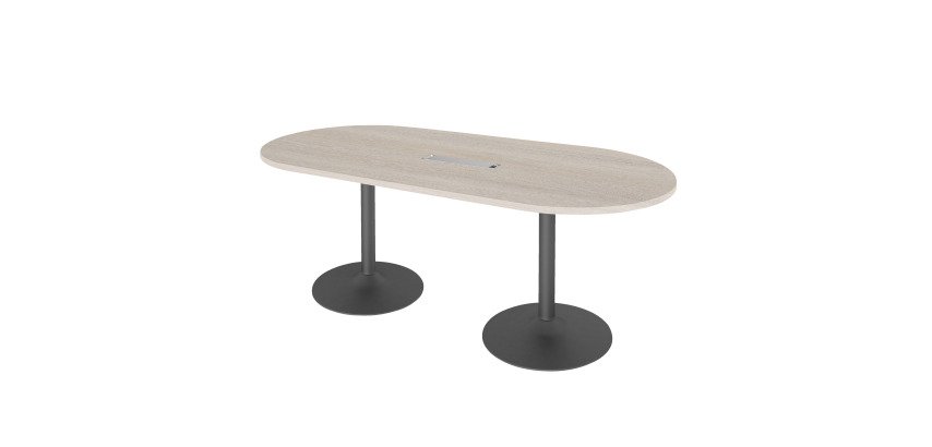 Treffen Sie den ovalen Konferenztisch mit einer Länge von 210 cm, Metallsäulenbeinen und Excellens-Tischplatte.
