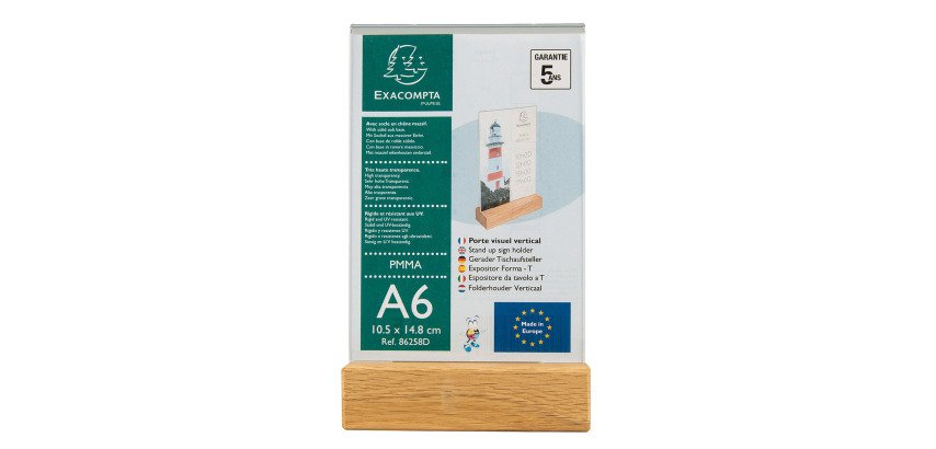 Double-sided table display with wooden base A6