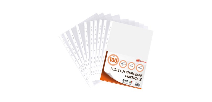 Universal punched pockets, Bruneau brand, 22 x 30 cm, smooth surface, medium thickness, pack of 100 pieces