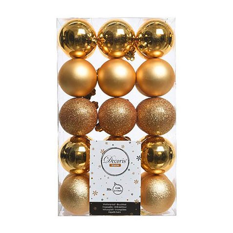 Christmas baubles - box of 30 gold baubles