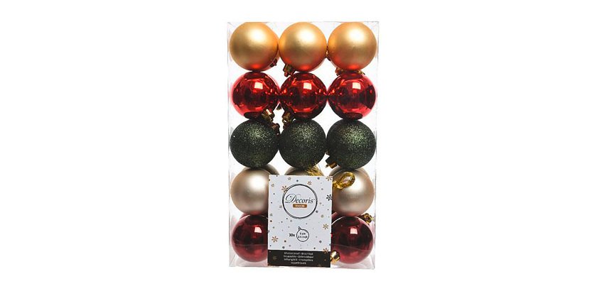 Box with 30 Christmas baubles in assorted colors