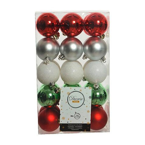 Box with 30 Christmas baubles in assorted colors