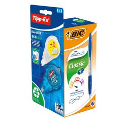 Pack of 12 blue Atlantis Bic pens + 1 Tipp-Ex Easy Refill Ecolutions corrector and 1 free refill