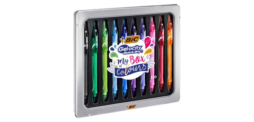Penna gel a scatto BIC Intensity Gel Quick Dry, 0,7mm, astuccio in metallo 10 colori assortiti