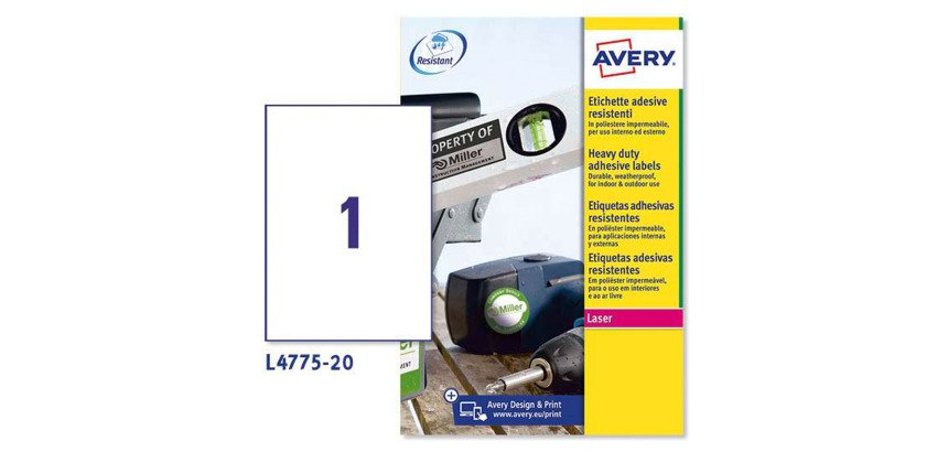 Etiquetas poliéster Láser  210 x 297 resistentes a intemperie -20 a 80 grados irrompible Avery L4775