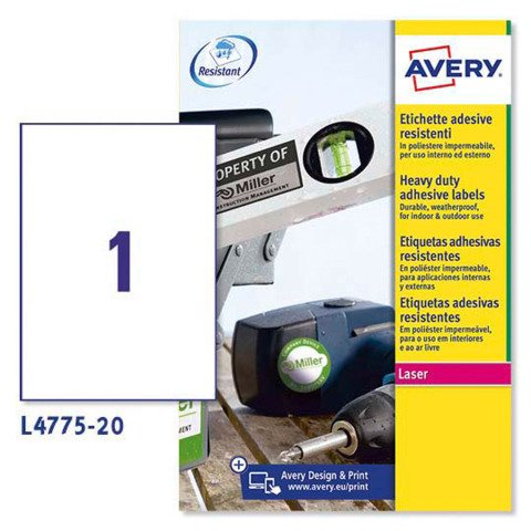 Etiquetas poliéster Láser 210 x 297 resistentes a intemperie -20 a 80 grados irrompible Avery L4775