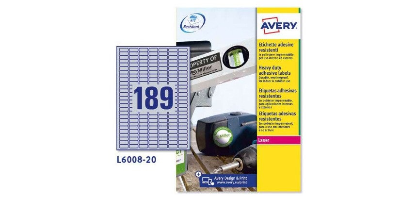 Etiqueta láser de 26,4 x 10 mm ultra resistente Avery L6008-20 gris -Paquete de 3780