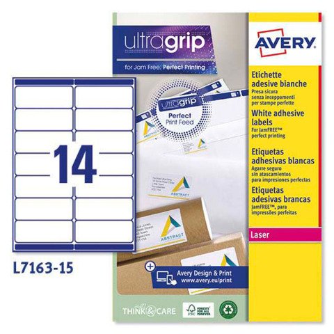 Etiquetas para sobres blancas 99,1 x 38,1mm Avery L7163 - Paquete de 15