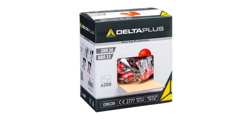 Bouchons d'oreilles jetables Delta Plus CONIC200 - Boîte distributrice de 200 paires