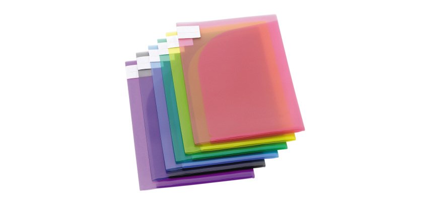 Kunststoffecke Chemise mit Doppel- und Innenlaschen Djois aus der Tarifold Color Collection, Polypropylen 20/100 A4, sortiert - Packung mit 12 Stück.