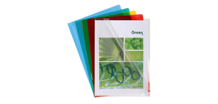 Chemise coin plastique Exacompta A4 PVC lisse 13/100e transparente couleurs assorties - Paquet de 50