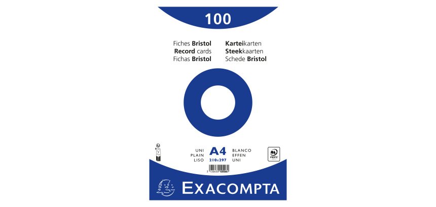 Fiche bristol 297 x 210 non perforée unie blanche Exacompta - sachet de 100