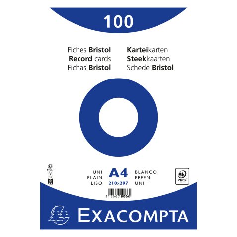 Fiche bristol 297 x 210 non perforée unie blanche Exacompta - sachet de 100