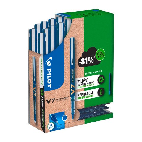 Pack de 10 bolígrafos Pilot Hi-Tecpoint V7 + 30 recargas, 15 gratis azul